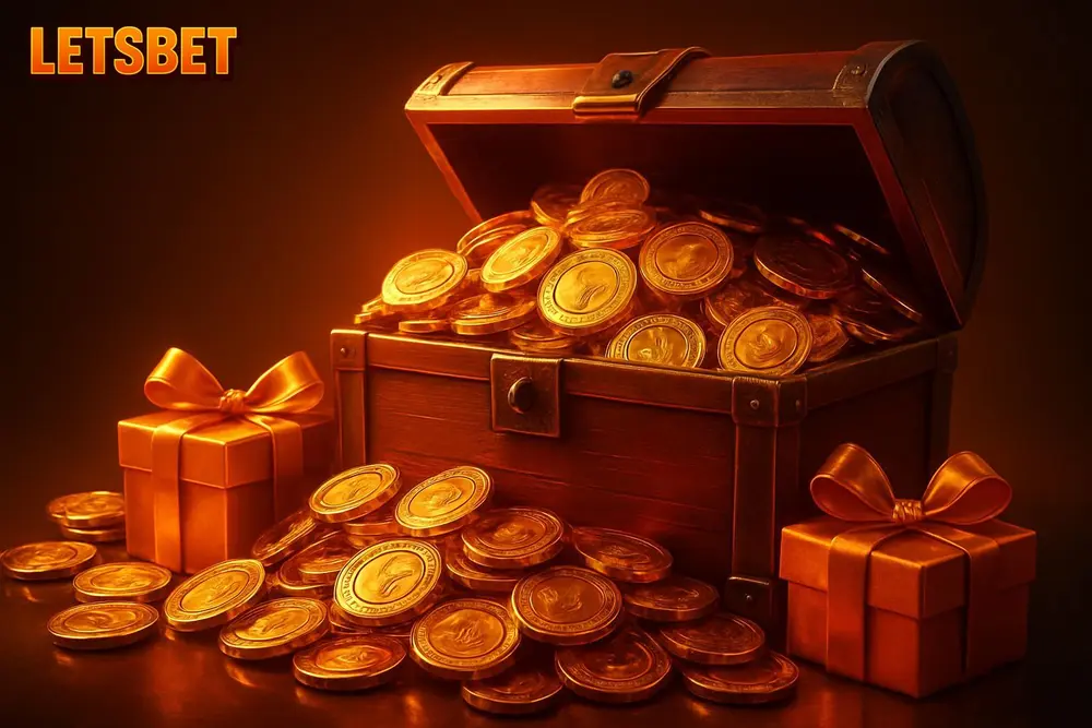 LETSBET Free Bet โ an overflowing treasure chest of golden casino chips and gift boxes LETSBET Free Bet โ an overflowing treasure chest of golden casino chips and gift boxes