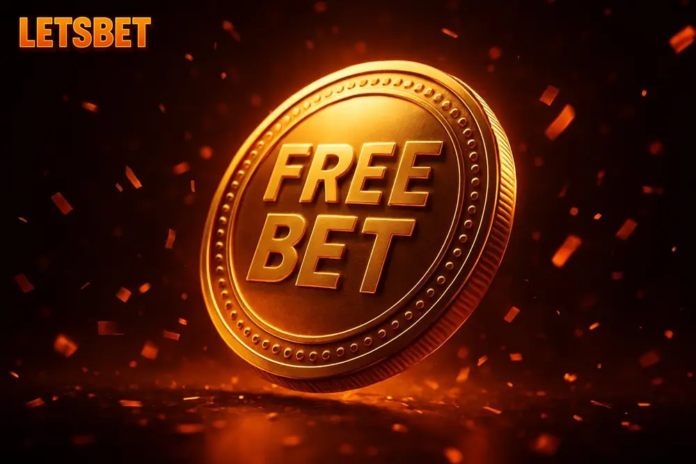 LETSBET Free Bet โ a giant glowing welcome-bonus coin burst with confetti LETSBET Free Bet โ a giant glowing welcome-bonus coin burst with confetti