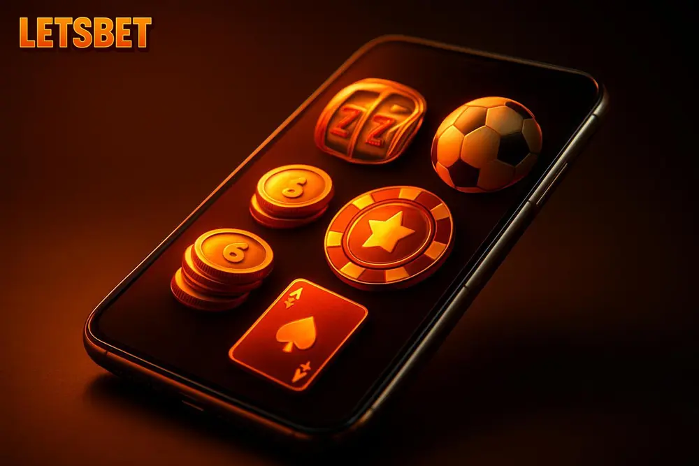 LETSBET Bangladesh — a smartphone showing colorful casino and sports betting icons