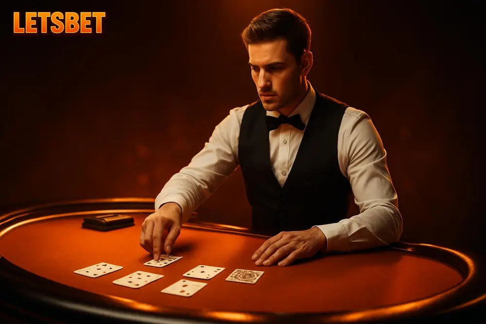LETSBET Live Casino โ a glowing live casino table with a dealer dealing cards LETSBET Live Casino โ a glowing live casino table with a dealer dealing cards
